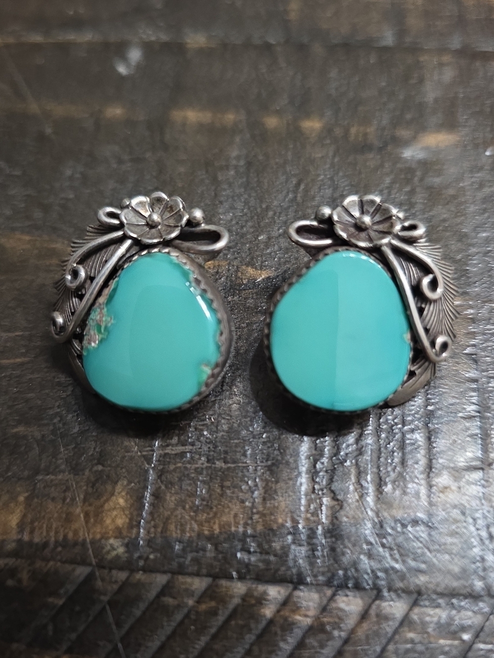 Navajo Turquoise Drop Earrings-Signed W/Floral Design. Navajo Sterling